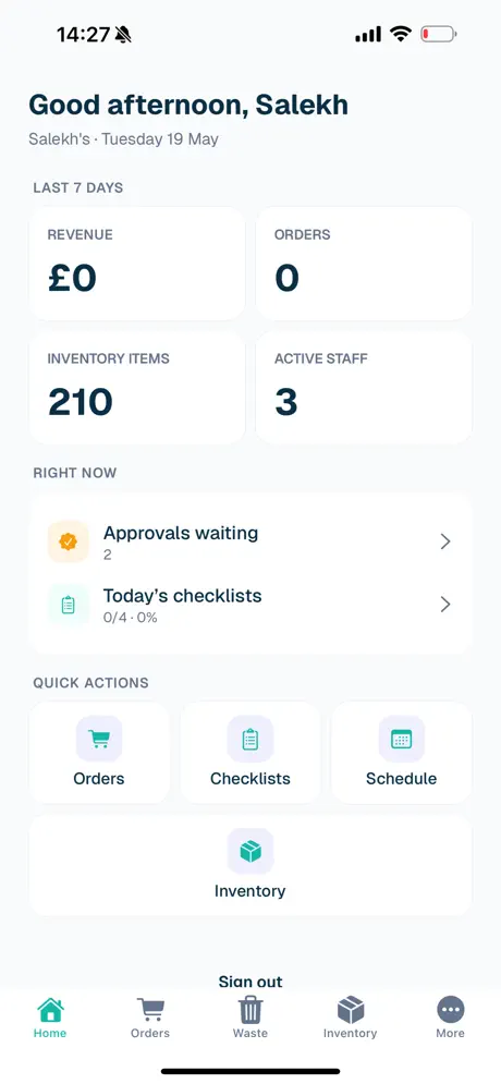 The Dacy mobile app showing today's revenue, orders, inventory items and active staff, with checklists and approvals waiting