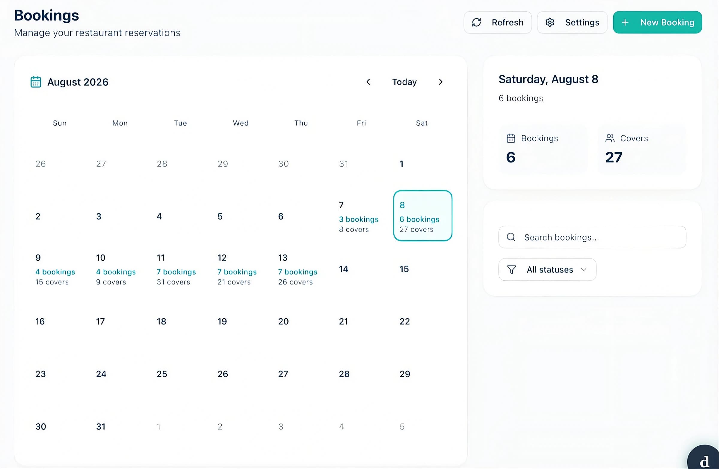 Dacy bookings calendar showing bookings and covers per day with a day panel