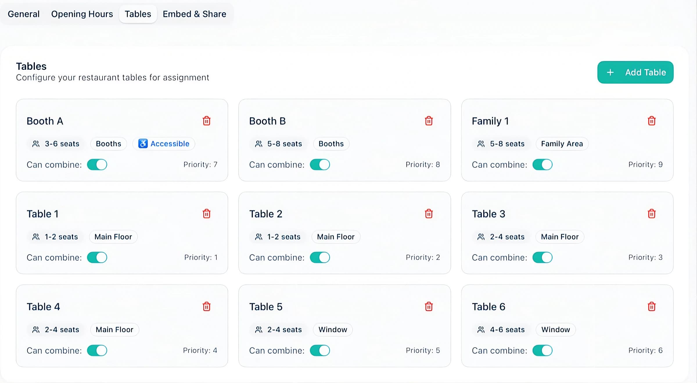 Dacy table setup showing tables with seat ranges, zones and combinations